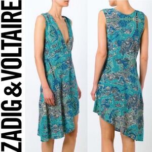 Zadig & Voltaire Root  Asymmetrical Dress Teal Blue Plunge V-neck